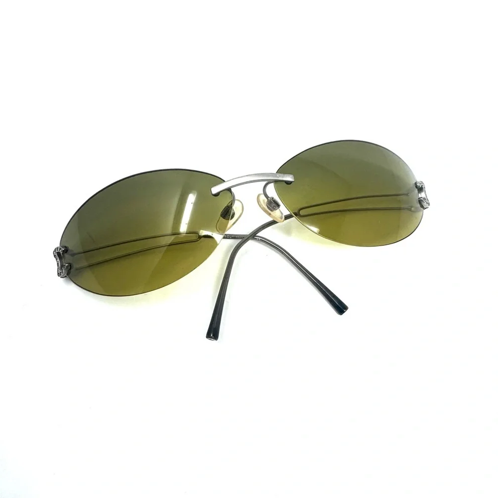 Chanel CC 90’s Vintage Khaki Olive Green Logo Rimless Sunglasses